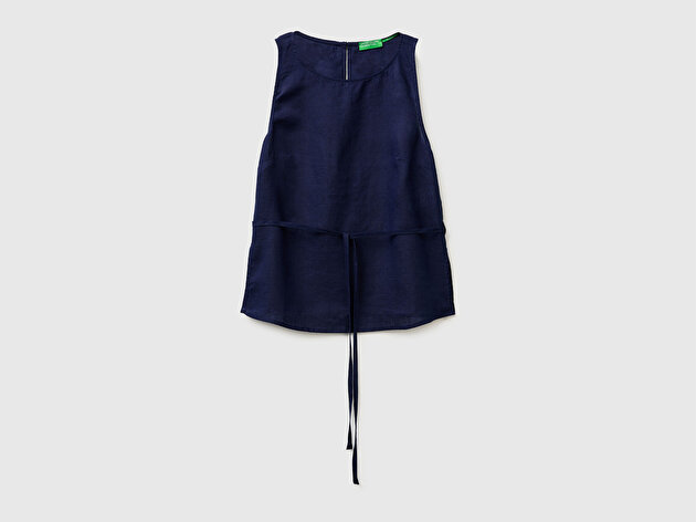 Benetton Kadın Lacivert %100 Keten Bağlamalı Arkası Düğmeli Kolsuz Üst