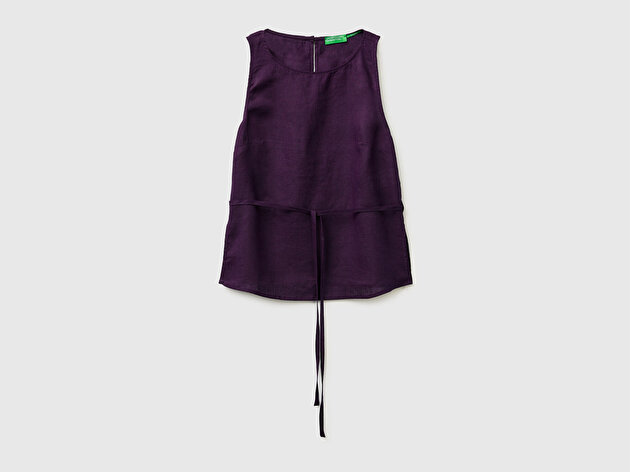 Benetton Kadın Mor %100 Keten Bağlamalı Arkası Düğmeli Kolsuz Üst