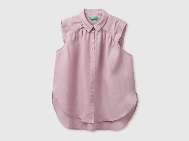 Benetton Kadın Açık Pembe %100 Keten Önü Pileli Kolsuz Bluz