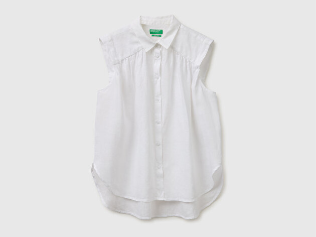 Benetton Kadın Beyaz %100 Keten Önü Pileli Kolsuz Bluz