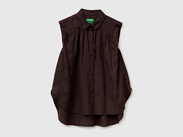 Benetton Kadın Kahverengi %100 Keten Önü Pileli Kolsuz Bluz