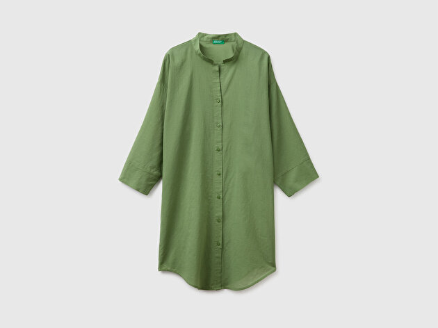 Benetton Kadın Yeşil %100 Pamuk Önü Düğmeli Midi Elbise