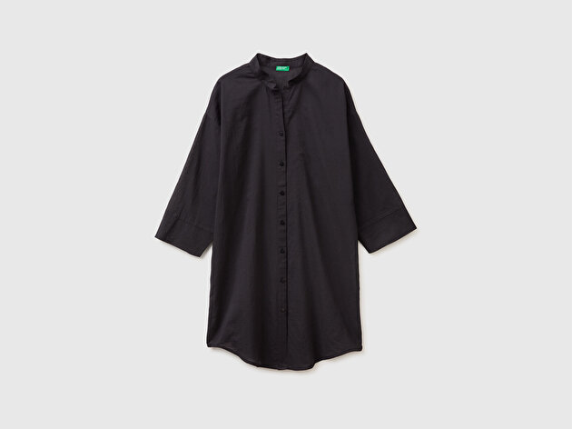 Benetton Kadın Siyah %100 Pamuk Önü Düğmeli Midi Elbise