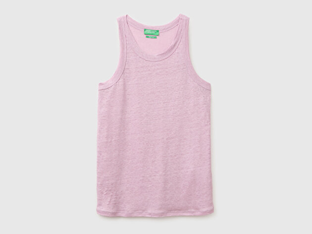 Benetton Kadın Açık Pembe %100 Keten Dikişsiz Regular Fit Bisiklet Yaka Kolsuz Atlet