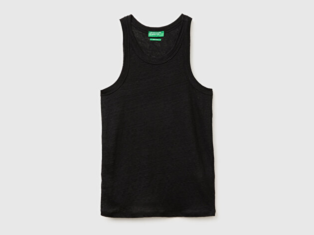 Benetton Kadın Siyah %100 Keten Dikişsiz Regular Fit Bisiklet Yaka Kolsuz Atlet