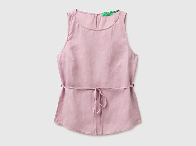 Benetton Kadın Açık Pembe %100 Keten Bağlamalı Arkası Düğmeli Kolsuz Üst