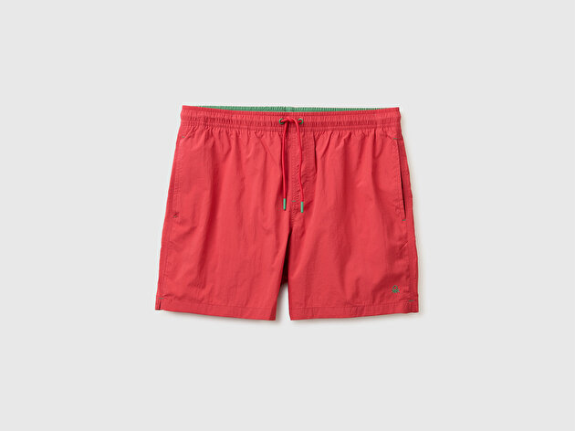 Benetton Erkek Kırmızı  Logo İşlemeli Beli Bağcıklı Deniz Şortu