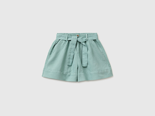 Benetton Kız Çocuk Su Yeşili Beli Lastikli Kuşaklı Yüksek Manşetli Şort