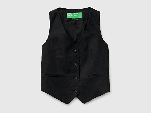 Benetton Kadın Siyah %100 Keten  Cepli Düğmeli Kolsuz Yelek