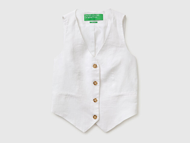 Benetton Kadın Beyaz %100 Keten  Cepli Düğmeli Kolsuz Yelek