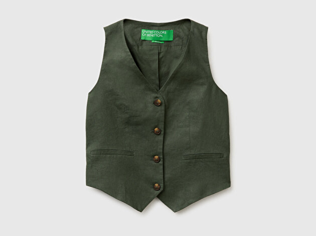 Benetton Kadın Haki %100 Keten  Cepli Düğmeli Kolsuz Yelek