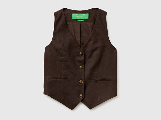 Benetton Kadın Kahverengi %100 Keten  Cepli Düğmeli Kolsuz Yelek