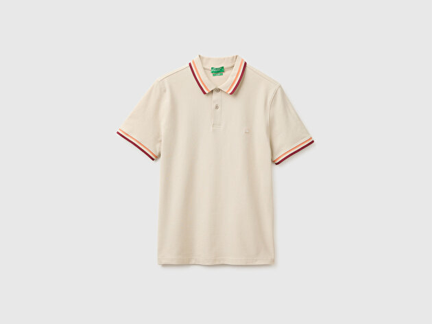 Benetton Erkek Krem Pamuk Karışımlı Logo Baskılı Regular Fit Polo Yaka T-Shirt