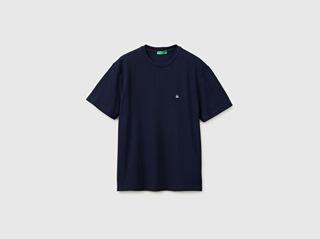Benetton Erkek Lacivert %100 Pamuk Logo Detaylı Regular Fit Bisiklet Yaka T-Shirt