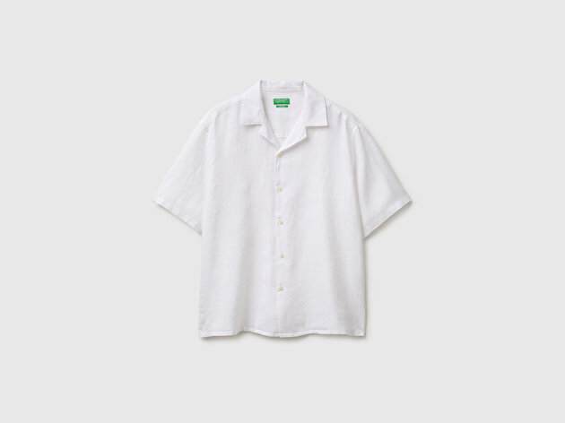 Benetton Erkek Beyaz  %100 Keten Relaxed Fit Kısa Kollu Bowling Yaka Gömlek