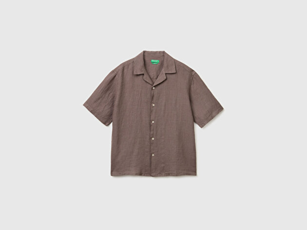 Benetton Erkek Kahverengi  %100 Keten Relaxed Fit Kısa Kollu Bowling Yaka Gömlek