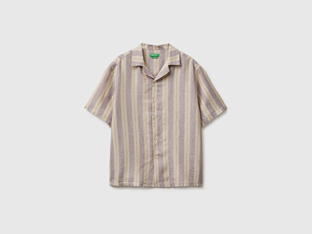 Benetton Erkek Lila Mix  %100 Keten Relaxed Fit Kısa Kollu Bowling Yaka Gömlek