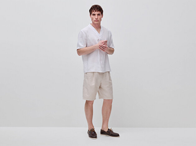 Benetton Erkek Beyaz  %100 Keten Relaxed Fit Kısa Kollu Beyzbol Yaka Gömlek