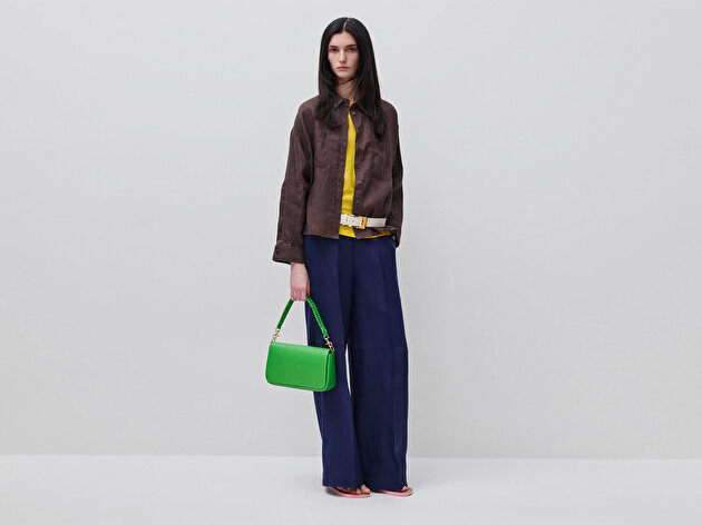 Benetton Kadın Kahverengi %100 Keten Düşük Omuzlu Boxy Fit Gömlek