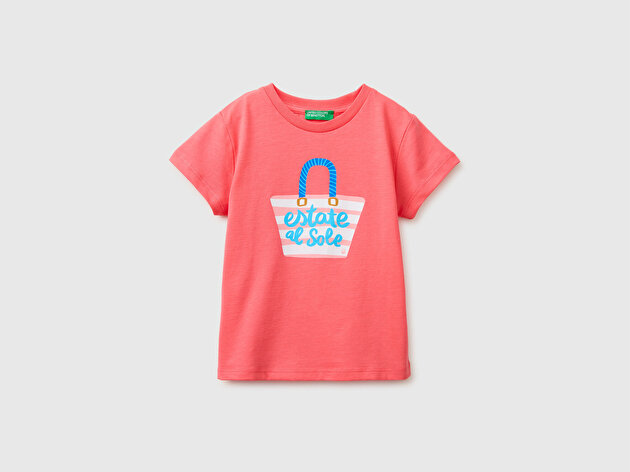 Benetton Kız Bebek Mercan Grafik Baskı Detaylı Bisiklet Yaka T-Shirt
