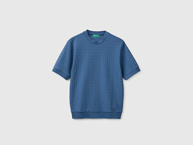Benetton Erkek İndigo Pamuk Karışımlı Jakarlı Regular Fit Bisiklet Yaka T-Shirt