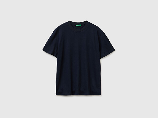 Benetton Erkek Lacivert  Pamuk Keten Karışımlı Regular Fit Yuvarlak Yaka T-Shirt