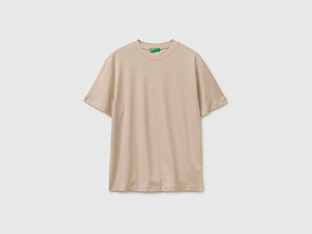 Benetton Erkek Taş  Pamuk Keten Karışımlı Regular Fit Yuvarlak Yaka T-Shirt
