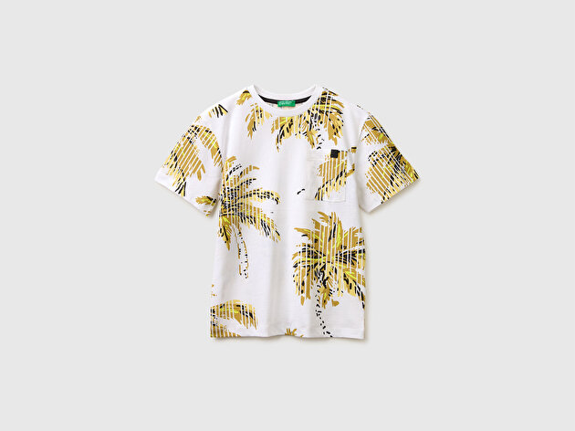 Benetton Erkek Çocuk Ekru Logo Etiket Detaylı Tamamı Baskılı T-Shirt