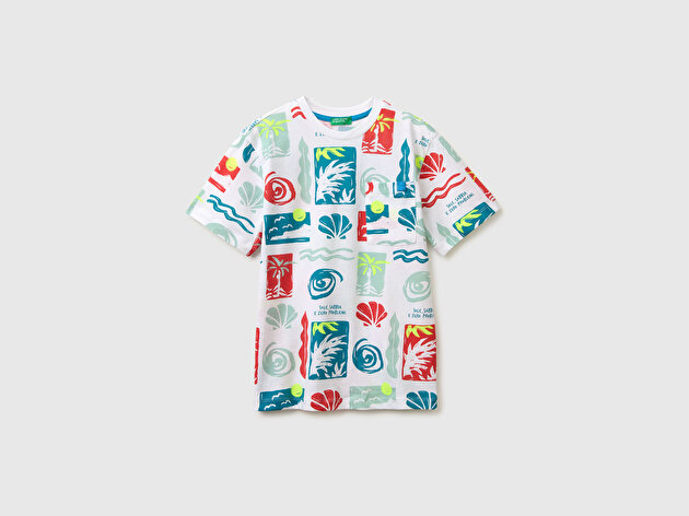 Benetton Erkek Çocuk Beyaz Mix Logo Etiket Detaylı Tamamı Baskılı T-Shirt