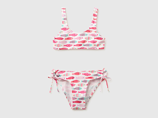 Benetton Kız Çocuk Pembe Tamamı Baskı Detaylı Yanları Ayarlanabilir Bikini Takımı