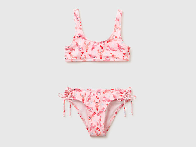 Benetton Kız Çocuk Pembe mix Tamamı Baskı Detaylı Yanları Ayarlanabilir Bikini Takımı