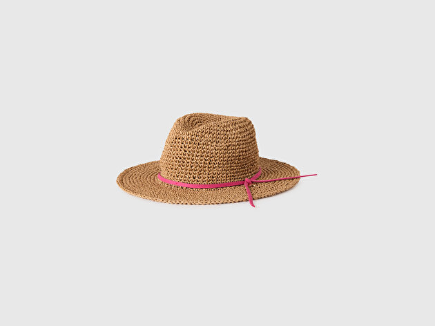 Benetton Kadın Kahverengi Logo Detaylı Renkli Dantelli Geniş Kenarlı Hasır Şapka