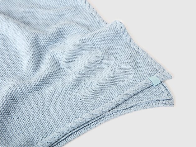 Benetton Bebek Buz Mavisi Tavşan Etiketli Örgü Dokulu Bebek Battaniyesi