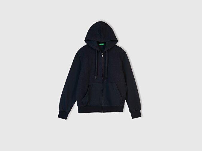 Benetton Erkek Lacivert Pamuk ve Yün Karışımlı Cepli Fermuarlı Kapüşonlu Sweatshirt