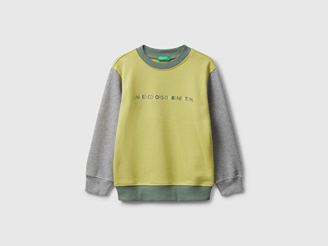 Benetton Erkek Bebek Sarı-Gri Önü Logo Baskılı Bisiklet Yaka Sweatshirt