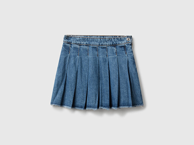 Benetton Kız Çocuk Koyu Mavi Taş Yıkama Pileli Yanı Fermuarlı Diz Üstü Denim Etek