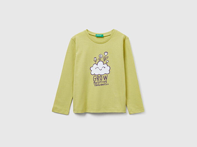 Benetton Kız Bebek Hardal Önü Baskılı Ribana Yakalı Regular Fit Sweatshirt