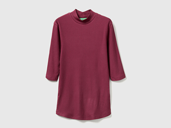 Benetton Kadın Mürdüm Liyosel Karşımlı Yarım Kol Slim Fit Dik Yaka T-Shirt