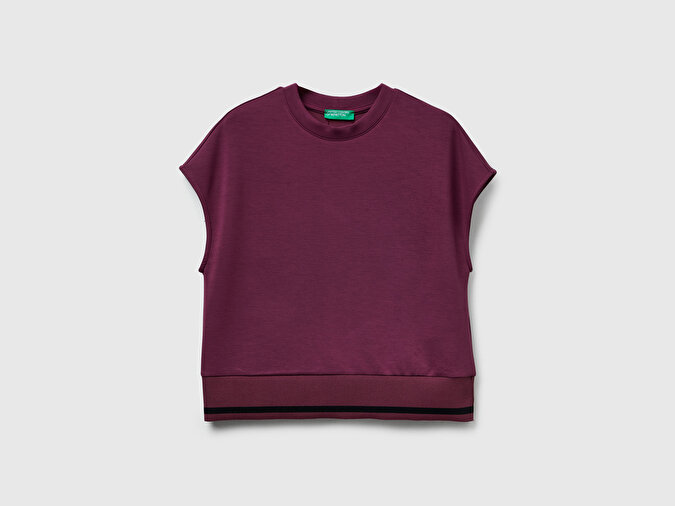 Benetton Kadın Mürdüm Modal Karışımlı Beli Çizgi Detaylı Kolsuz Sweatshirt