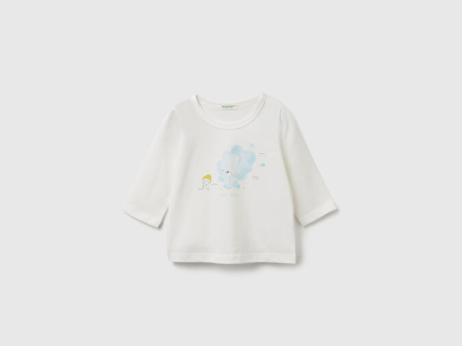Benetton Bebek Beyaz Mix Önü Baskılı Omzu Gizli Düğmeli Uzun Kollu T-shirt