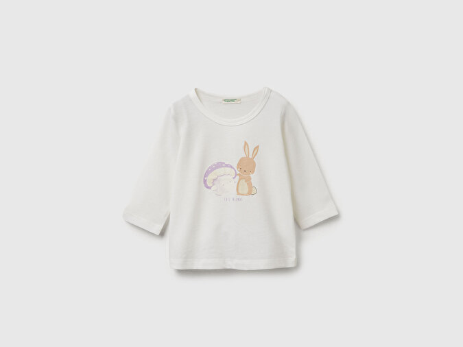 Benetton Bebek Beyaz Önü Baskılı Omzu Gizli Düğmeli Uzun Kollu T-shirt
