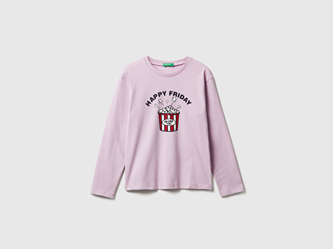 Benetton Kız Çocuk Lila Önü Baskılı Ribana Yakalı Relaxed Fit Uzun Kollu T-shirt