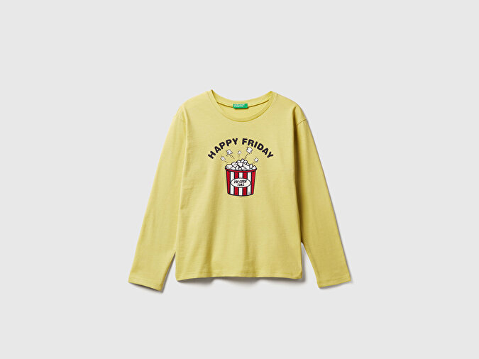 Benetton Kız Çocuk Hardal Önü Baskılı Ribana Yakalı Relaxed Fit Uzun Kollu T-shirt
