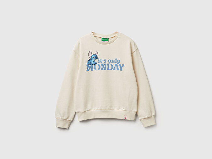 Benetton Kız Çocuk Ekru Önü Baskılı Logo Etiketli Relaxed Fit Sweatshirt
