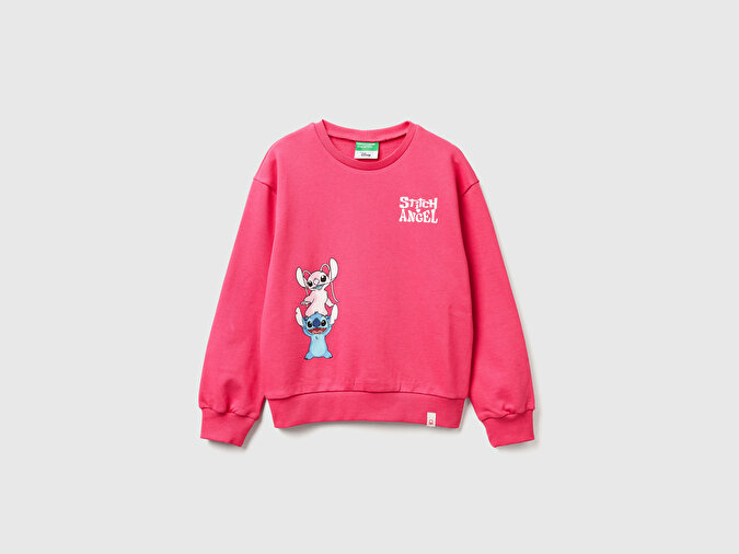 Benetton Kız Çocuk Pembe Önü Baskılı Logo Etiketli Relaxed Fit Sweatshirt