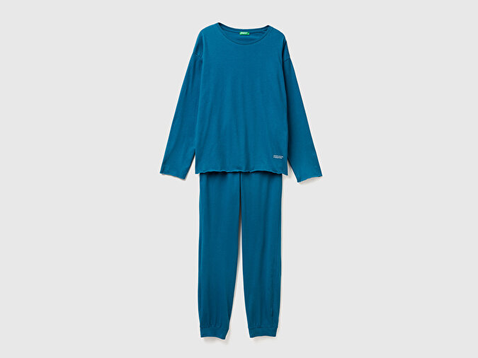 Benetton Kadın Mavi %100 Pamuk Üstü Bisiklet Yaka Altı Logolu Pijama Takımı