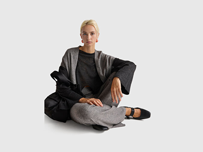 Benetton Kadın Antrasit Melanj Yün ve Kaşmir Karışımlı Ribana Detaylı Kısa Kollu Uzun Hırka