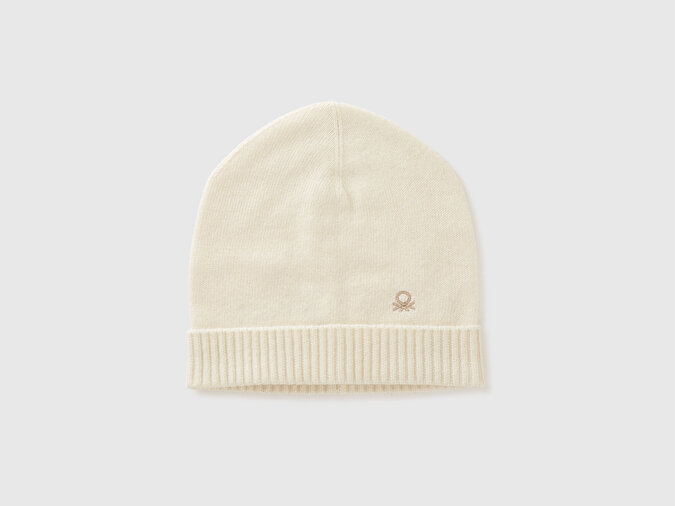 Benetton Kadın Krem Yün ve Kaşmir Karışımlı Önü Logo Detaylı Ribana Detaylı Bere