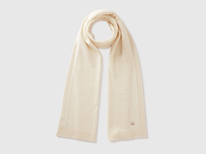 Benetton Kadın Krem Yün ve Kaşmir Karışımlı Logo Detaylı Ribanalı Atkı