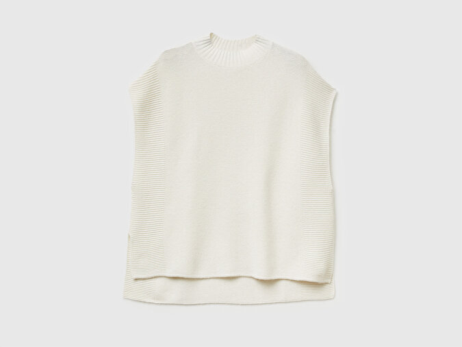 Benetton Kadın Krem Yün Karışımlı Ribana Detaylı Yırtmaçlı Kolsuz Kazak